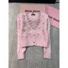 2023 Autumn New Design Sense Heavy Work Nail Diamond Pearl V-Neck Long Sleeve Short Knitted Cardigan Sweater Coat Women