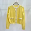 Women's Knits Splices Women Yellow Knit Cardigan Tops Sweet Long Sleeve Simple O-Neck With Pocket Female Single Breasted Sweater Autumn 2023