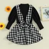 Kleidungssets FOCUSNORM 4-7Y Mode Kleinkind Kinder Mädchen Kleidung 2 Stücke Outfits Lange Puffärmel Solide Tops Plaid Hosenträger Rock