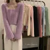 Kvinnors tröjor Sanmuzi Fast modeklänning - Fransk retro Square Collar Pit Strip Lazy Soft Waxy Plush Horn Sleeve tröja