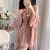 Women's Sleepwear Twinset Robe Set Women Lace Bathrobe Gown Sleep Suit Velour Kimono Nightdress Lingerie Autumn Winter Nightgown