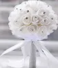 Kwiaty ślubne Piękne białe kości słoniowej druhna Bukiet Bukiet Noivaartificial Rose Crystal Bukiety