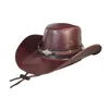 Basker Western Cowboy Hat Sun Drable Pu Leather Hats Gentleman Jazz med Chin Strap For Halloween Stage Performance Props