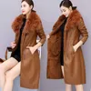 Trench femme manteaux 2023 Style minceur taille Faux cuir veste grand col de fourrure hiver femmes Plus velours épais mi-longueur