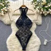 NXY Women Halter Floral ricami Bodysuits in stile francese Slim Sling Slinguits Streetwear Rompers sexy trasparente senza ritorno 230328