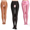 Women Sexy Open Crotch Pantyhose Glossy Wetlook High Waist Exotic Tights Oily Shiny Smooth Hiny Leggings Pants 8 Colors