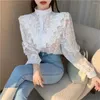 Kvinnors blusar Autumn Lace Hollow Out Shirt Women White Stand Collar Fashion Design Loose Casual Tops Chic Sweet Office Lady Streetwear