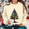 Sweat à capuche pour femmes, col rond, manches longues, imprimé arbre de noël, pull à manches bouffantes, haut Junior