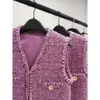 Gilets pour femmes épais Tweed violet sans manches mi-longueur gilet veste haut femmes mode col en v manteau 2023 automne hiver