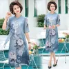 Party Dresses Flower Ink Print Dress Summer Cheongsam Neck Women's Middle och ålderdom Kort ärm Chiffon Mother Elegant