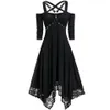 Gotiska kvinnor svart goth off axel spets lapptäcke punk rock cross rand plus size sexig vintage midi klänning 200929284k
