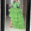 Skirts 2023 Pretty Green High Low Tulle Elegant Puffy Ruffle Elastic Waist Maxi Skirt Chic Tiered Women Long
