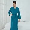 Vêtements de nuit pour femmes Peignoir gaufré Automne Hiver Solide Col V Dames Robe de chambre Poches en coton Kimono à manches longues avec ceintures pour femme