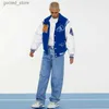 Giacche da uomo Neutrali Blu Varsity Bomber Jacket Uomo Manica a contrasto PU Cappotti in pelle Ricamo Giada Casual London Baseball Giacche Donna Q231109