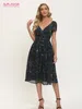 Casual Dresses S. FLAVOR Women's Star Print Summer Dress Deep V-Neck Short Sleeve Sexy Nightclub Vestedos de Boho Style Chiffon Dress 230408