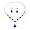 Halsbandörhängen Set Luxury Blue Crystal Big Pendant Fashion Teardrop Charm smycken Tillbehör för kvinnors alla hjärtans dag gåva