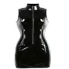 Top qualidade gótico punk gola alta sem mangas catsuit bodycon feminino preto pvc mini vestido brilhante zip up molhado olhar vestido nig283c