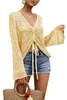 Mulheres camisetas Mulheres Crochet Top Praia Pano Camisa de Cordão Cobrir Oversized Sexy Beachwear Lace Tee Poncho