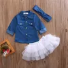 Kleidungssets Baby-Mädchen-Sommerkleidungs-Set Baby-Mädchen-Kleidung Jeanshemd TopTutu-RöckeStirnband 3-teiliges Set 05T 230407