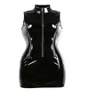 Top Kwaliteit Gothic Punk Hoge Kraag Mouwloze Catsuit Bodycon Dames Zwart PVC Mini Jurk Glanzende Zip Up Wetlook vestido Nig246Y