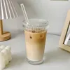 Wine Glasses Ribbed Glassware Iced Coffee With Lids And Straws Food Grade Glass Portable Bar Accessories For Tea Beer Whiskey