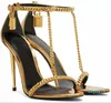 Summer Sandals Shoes Lady High-Heeled Gladiator Gold Chain Link Padlock Pointy Nake Party Wedding 35-42