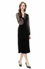 Women's Runway Dresses V Neck 3/4 Long Sleeves Lace Velvet Patchwork Beaded Fashion Designer Mid Vestidos