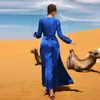 Roupas étnicas Azul V-Pescoço Strass Maxi Vestido Muçulmano Abayas para Mulheres Dubai Turquia Islam Médio Oriente Temperamento Mangas Compridas