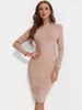 Casual Dresses BEAUKEY High Quality Khaki Long Sleeves Bandage Dress 2023 For Women Slim Tight Strips Bodycon Midi Vintage Vestidos XL