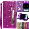 Carteira Glitter Zipper Flip Capa de couro para iPhone 15 14 Pro Max 13 Mini 12 11 X XR XS SE 8 7 Plus Suporte de cartão Capa protetora com suporte magnético com alça de cordão