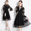 Femme Wed Party Robe Midi Noire Designer Français Manches Longues Dentelle Crochet Fleur Col Montant Slim Taille Haute Robes Froncées 2023 Printemps Automne Piste Vacances Robes