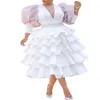 African Women Plus Size White Party Dress Vintage Puff Sleeve Cute Ruffle Tiered Layered Summer Spring Ladies Club Mini275L