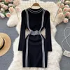 Casual Dresses Black And White Striped Knitted Dress For Women 2023 Autumn Winter O-neck Long Sleeve Slim Stretch Mini Bodycon Sweater