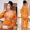 Africain Orange Aso Ebi Robes De Bal Luxueux Sexy Voir À Travers Robe De Soirée Tulle Perlé Manches Longues Deuxième Réception Robe De Gala Robes Robe De Soirée Tenue Arabe