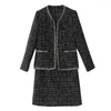 Robes de travail de haute qualité femmes printemps automne hiver 2 pièces ensembles dame mode élégant manteau de laine mince et robe sans manches costume Tweed ensemble