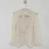 Women's Blouses 2023 Women Bow Tie Collar Lace Blouse Shirt Long Sleeve Transparent Loose Sexy Cardigan Spring Beige Tops