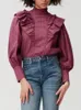 Женские блузки 2023, весенняя водолазка с рюшами и клетчатой рубашкой из жатого хлопка, женский топ