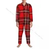 Mäns sömnkläder herrar pyjamas sätter hemdräkter röda och vita rutiga i vinröd löst hemkläder långärmad avslappnad