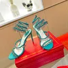 Rene Caovilla Kristal Sandal Tasarımcısı Yüksek topuklu kadınlar peri tarzı lüks elmas serpantin sarılı Roman Stiletto 10cm yaz ziyafet elbise ayakkabıları