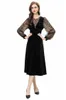 Women's Runway Dresses V Neck 3/4 Long Sleeves Lace Velvet Patchwork Beaded Fashion Designer Mid Vestidos