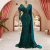 Plus Size Arabisch Aso Ebi Hunter Green Luxuriöse Meerjungfrau-Abschlussballkleider Perlenkristalle Abend formelle Party Zweiter Empfang Geburtstag Verlobungskleider Kleid