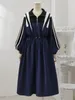 Casual Dresses Sporty Navy Blue Dress Woman Loose Temperament Contrast Stitching Stand Collar Long Sleeve Autumn