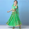 Sahne Giyim Dans Çocukları Göbek Bollywood Kostüm Set Kızlar Çiçekler Kıyafet 5 PCS (Üst Kemer Etek Peçe Başlığı)