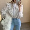 Kvinnors blusar Autumn Lace Hollow Out Shirt Women White Stand Collar Fashion Design Loose Casual Tops Chic Sweet Office Lady Streetwear