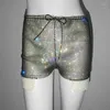 Pantalones cortos para mujer Sparkly Rhinestone Mujeres Sexy Ver a través de Hollow Out High Cintura Rave Party Club Casual Moda Femenina Corta