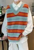 Men's Vests Men Sweater Knitted Sleeveless Casual V Neck Korean Knitwear Tops Elastic Fashion Streetwear Office Stripe Contrast V36