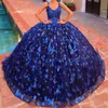 Bleu marine brillant Quinceanera robes robe de bal bretelles Spaghetti Appliques nœud perlé mexicain doux 16 robes 15 Anos