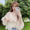 Women's Blouses TingYiLi Tie-Front Clip-Dot Bolero Cardigan Women Spring Summer Long Sleeve Beige White Chiffon Shirts Korean Style Thin