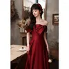 Ethnic Clothing Toast Dress Bride 2023 Burgundy Backless Strapless Evening Dresses Fall Engagement Wedding Satin