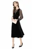 Women's Runway Dresses V Neck 3/4 Long Sleeves Lace Velvet Patchwork Beaded Fashion Designer Mid Vestidos